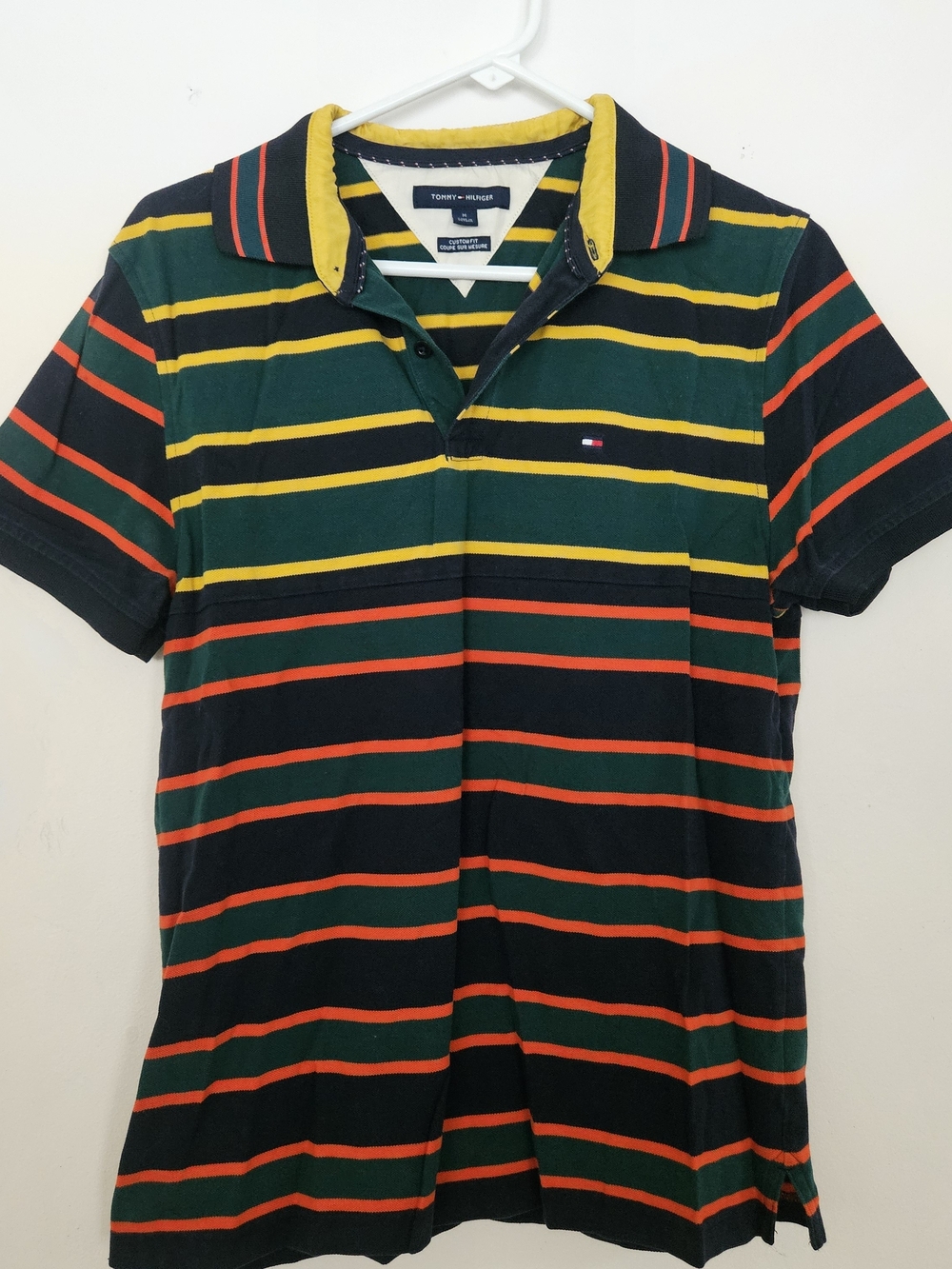 Tommy Hilfiger Mens Drexel Striped Polo Shirt Medium M Custom Fit Green Orange